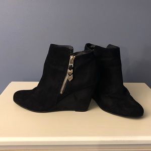 BCBG Black Suede Wedge Booties